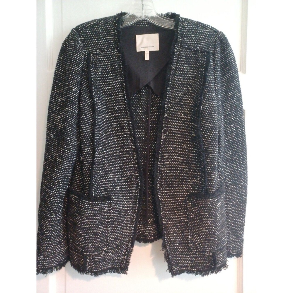 Rebecca Taylor black tweed lady jacket 8 open blazer raw edges city career party
